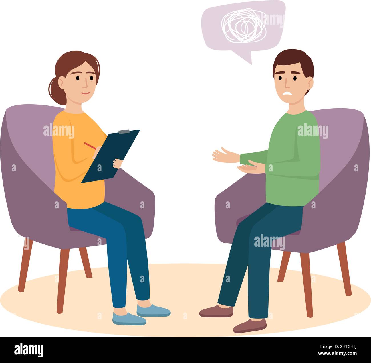 Psychology therapy. Man sitting and talking to psychologist. Psychotherapy concept, vector illustration Stock Vector