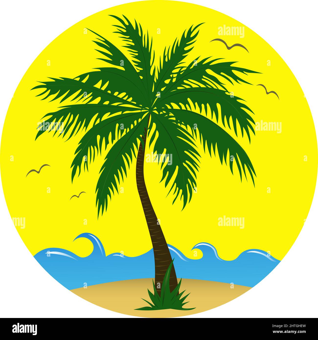 Palm tree with blue waves on the sunny round background. Vector