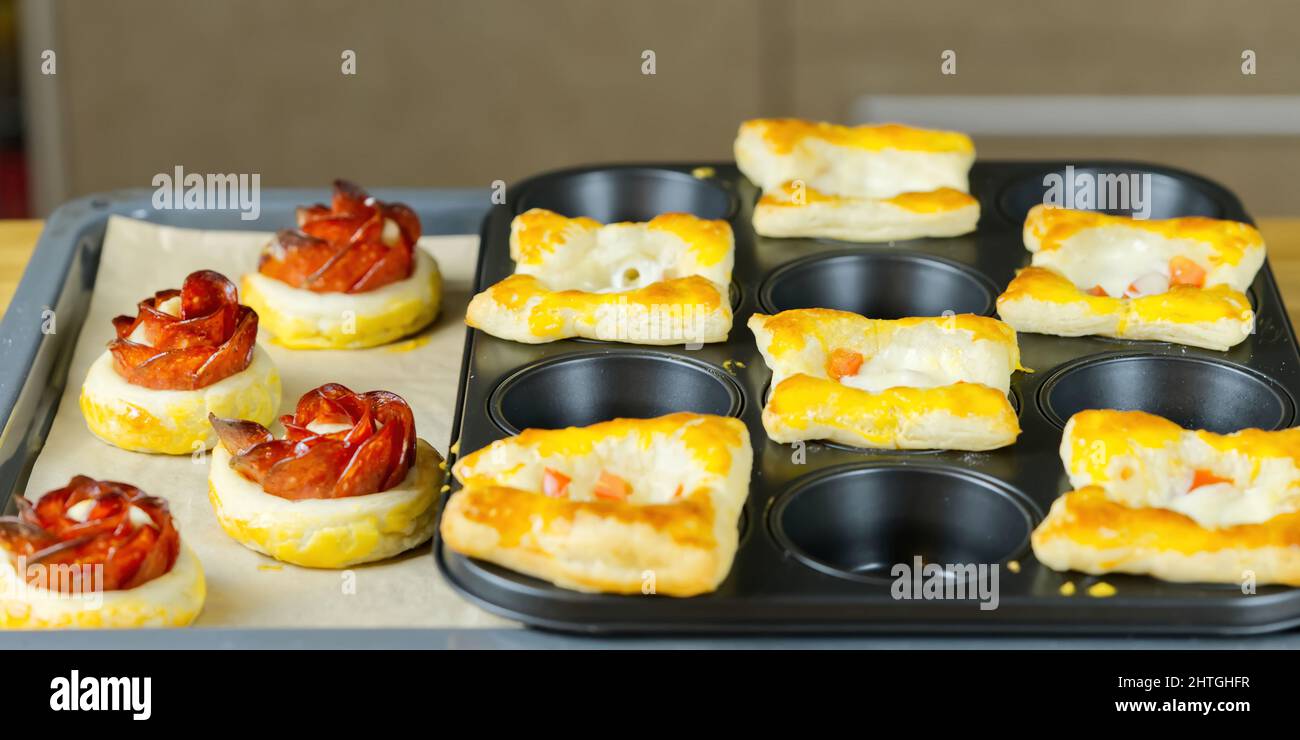 fresh homemade pastries. puff pastry appetizers mix. roseshaped