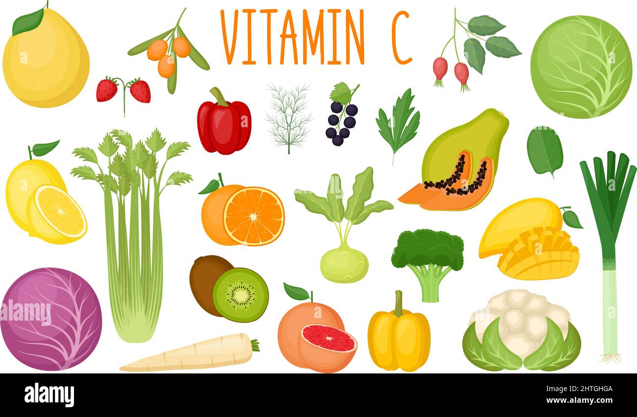 a set of sources of vitamin C. Fruits and vegetables enriched with ascorbic  acid. Dietary nutrition Stock Vector Image & Art - Alamy