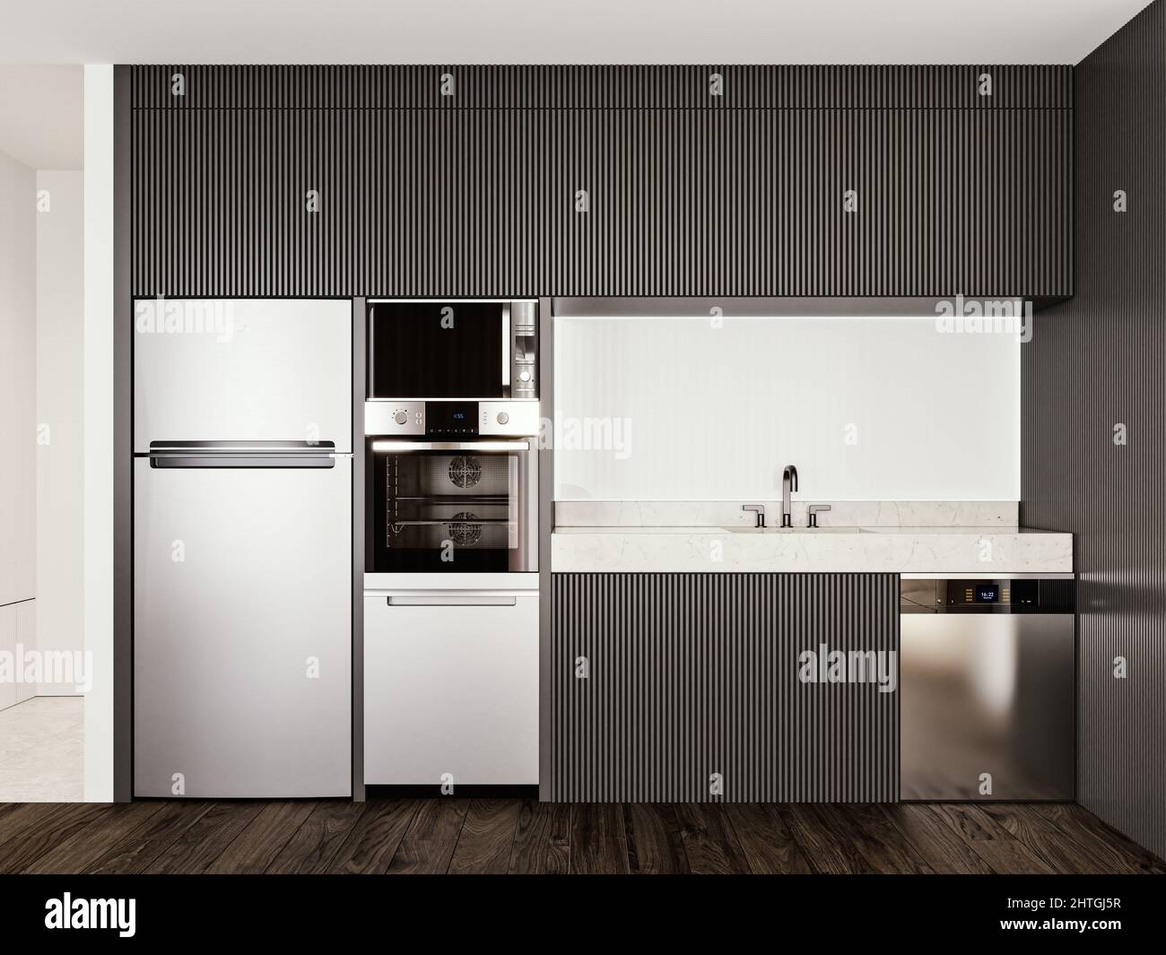 Modern interior design dark gray slat kitchen with marble countertop, glass backsplash and brushed aluminum appliances, 3d rendering, 3d illustration Stock Photo