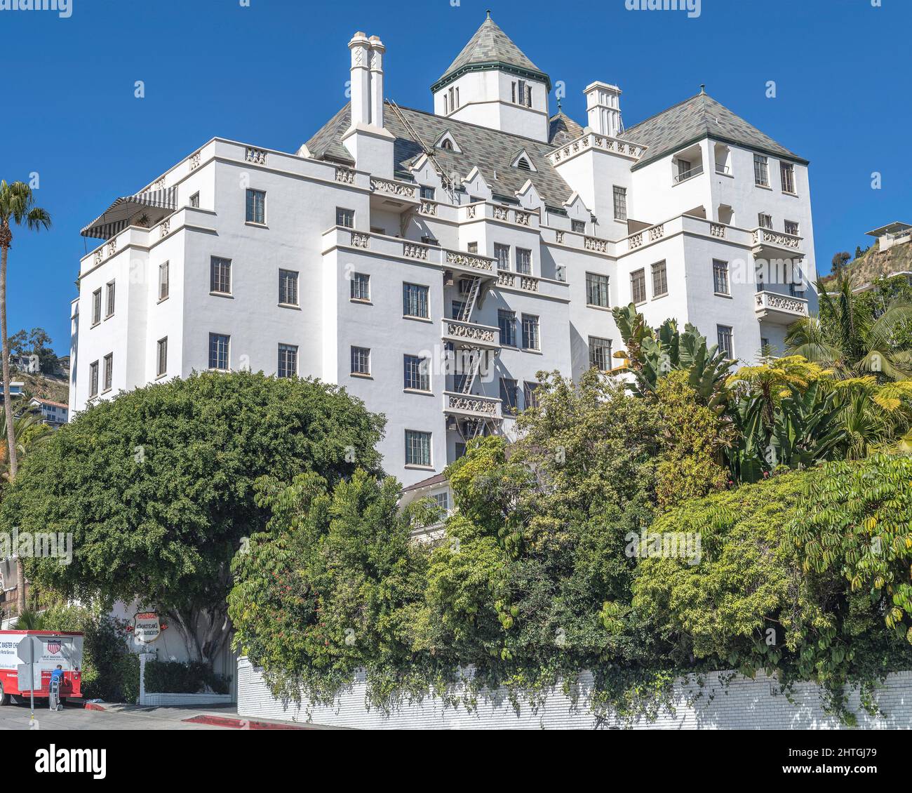 Los Angeles, CA, USA - February 28, 2022: Exterior of the historic Chateau Marmont hotel on Sunset Boulevard in Los Angeles, CA. Stock Photo