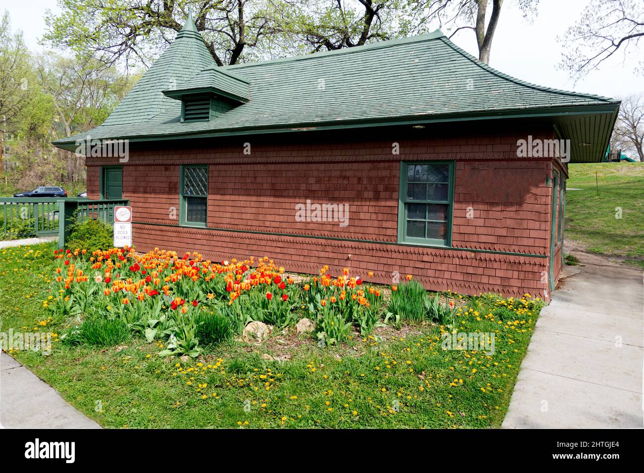 Utility building and tulip garden in the picnic area at Lake Harriet