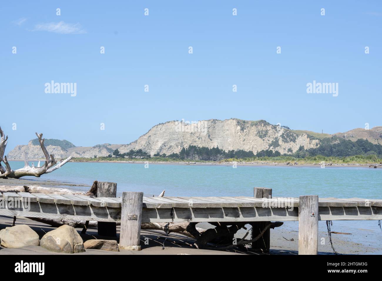 Driftwood log and jetty on muddy edge of Uawa River running through