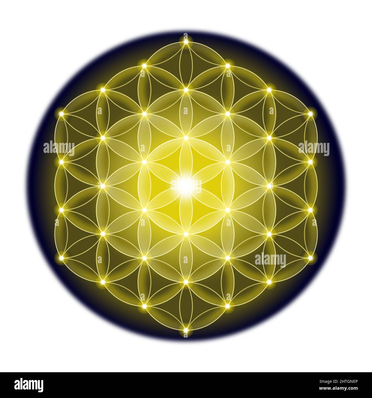 Golden Flower of Life on a black, circle shaped background. Geometric figure and ancient spiritual symbol of Sacred Geometry. Overlapping circles. Stock Photo