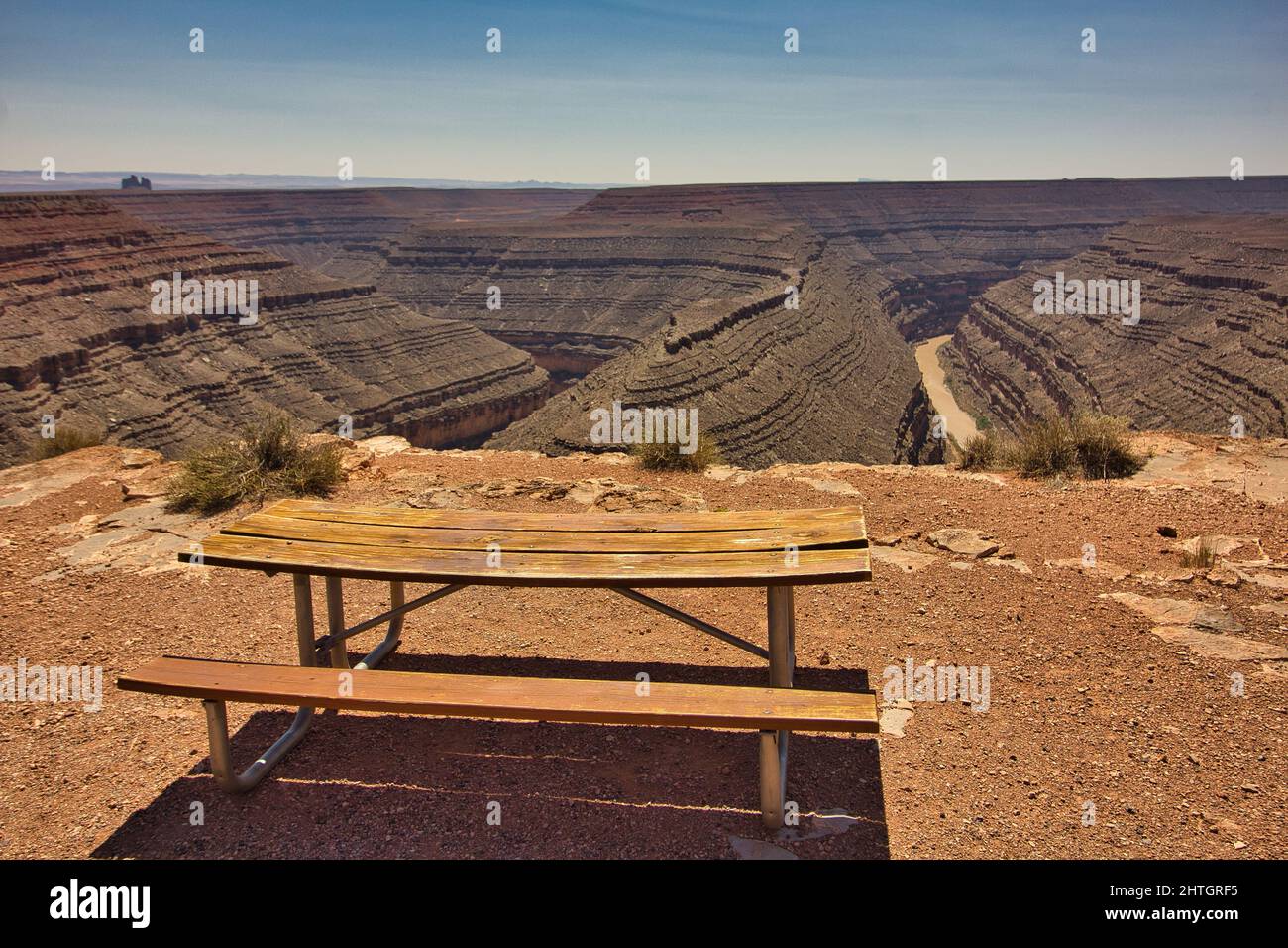 Picnic table overlooking the San Juan River at Gooseneck State Park in