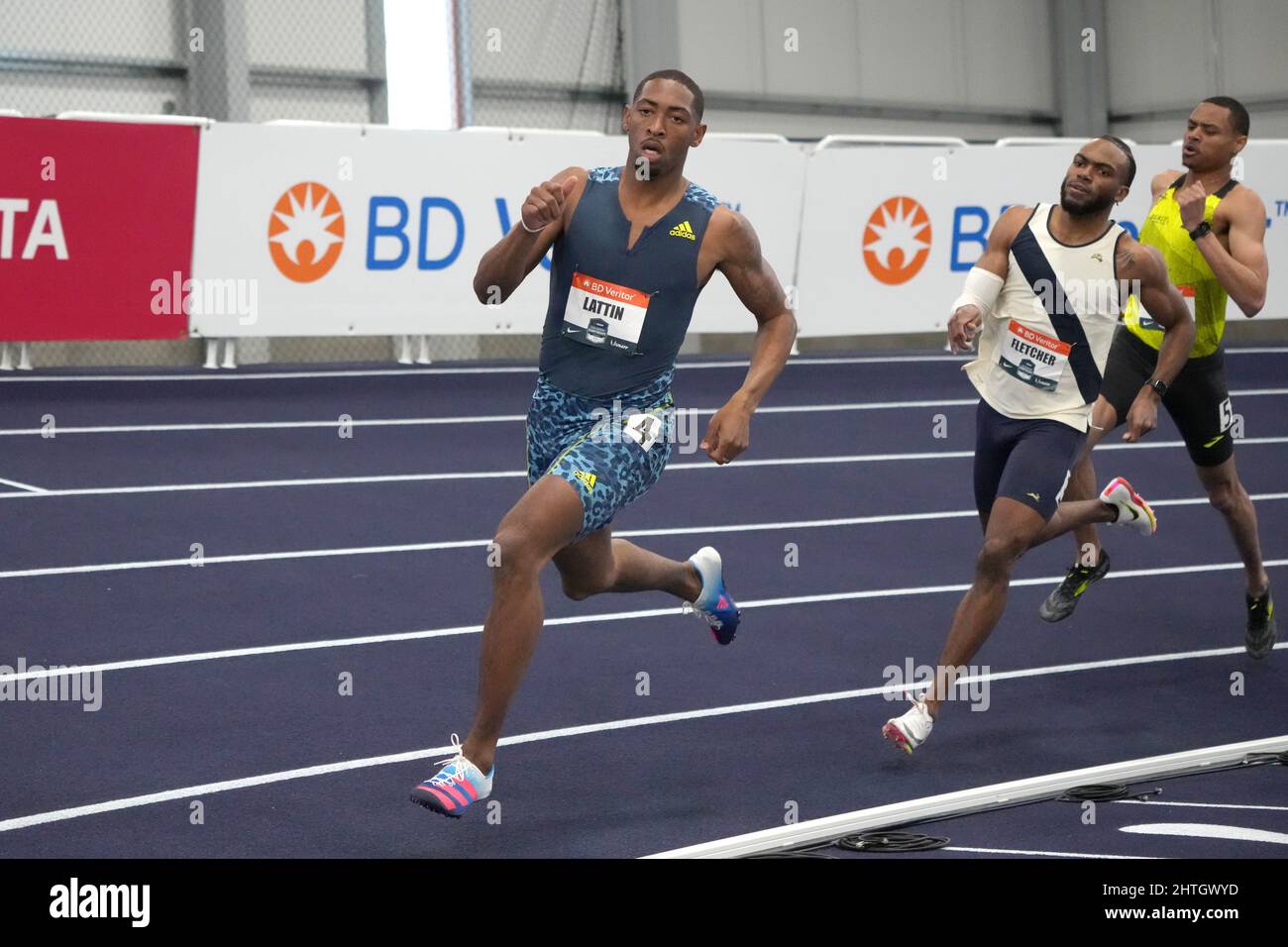 Amere Lattin wins 400m heat in 47.39 during the USA Indoor Championships at The Podium, Saturday, Feb. 26, 2022, in Spokane, Wash. Stock Photo