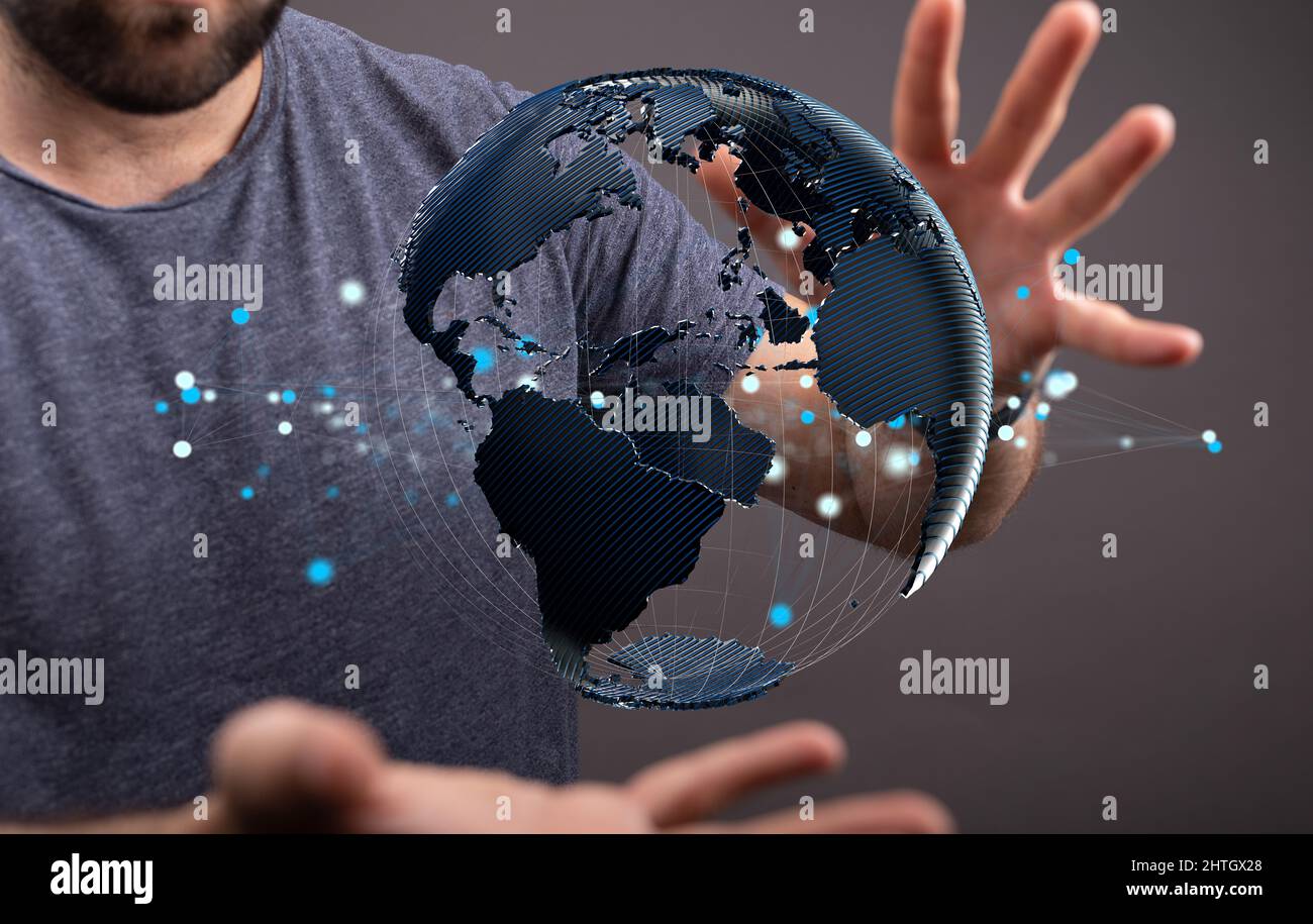 3d rendering of floating globe in between human hands-global network ...