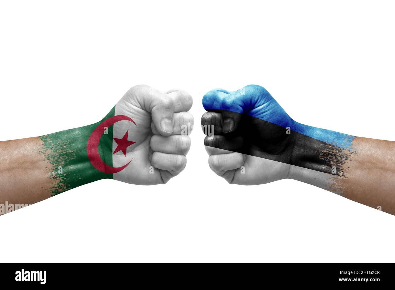 Two hands punch to each others on white background. Country flags painted fists, conflict crisis concept between algeria and estonia Stock Photo