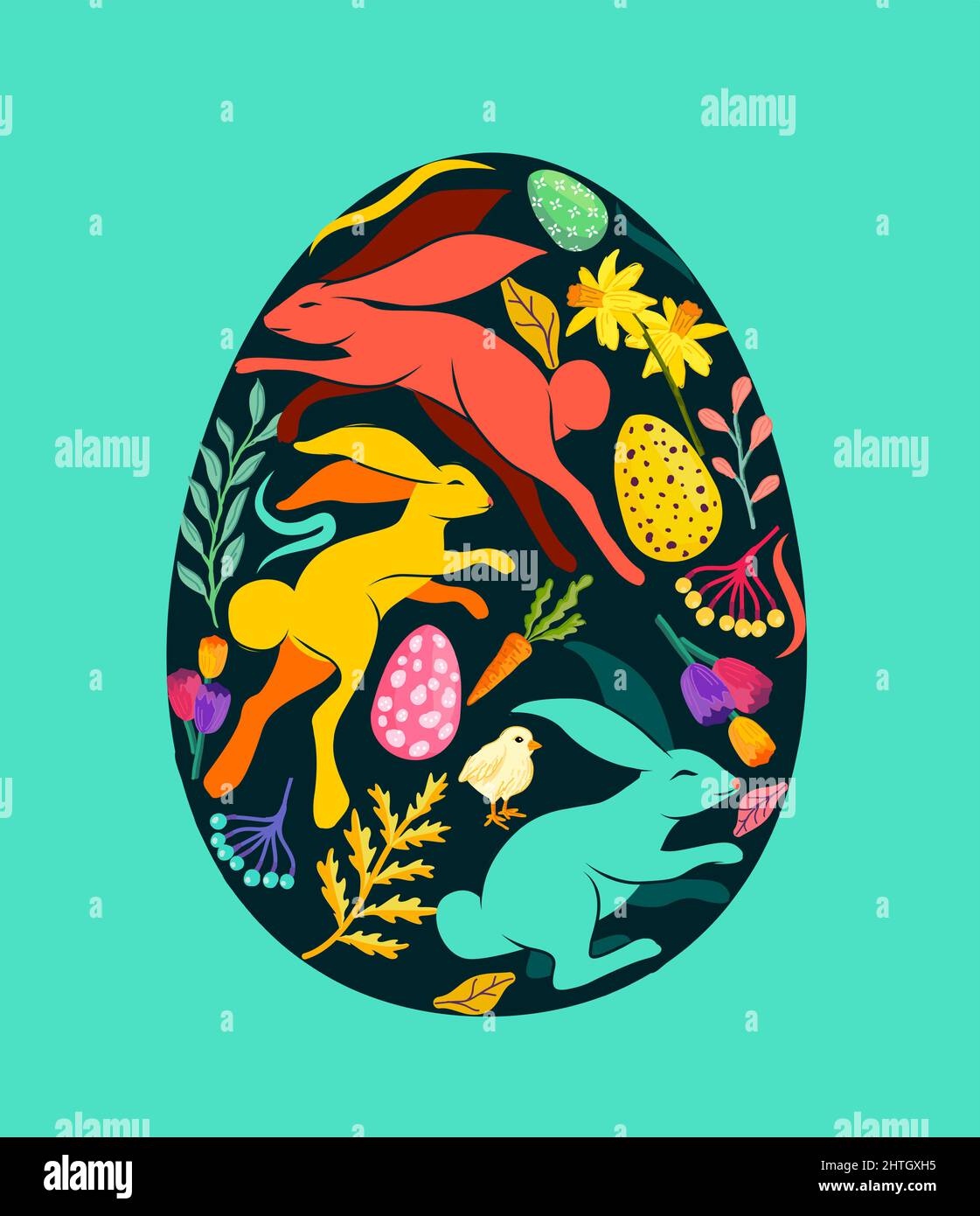 A decorated easter egg with rabbits, floral plants and colourful eggs. Vector illustration Stock Vector