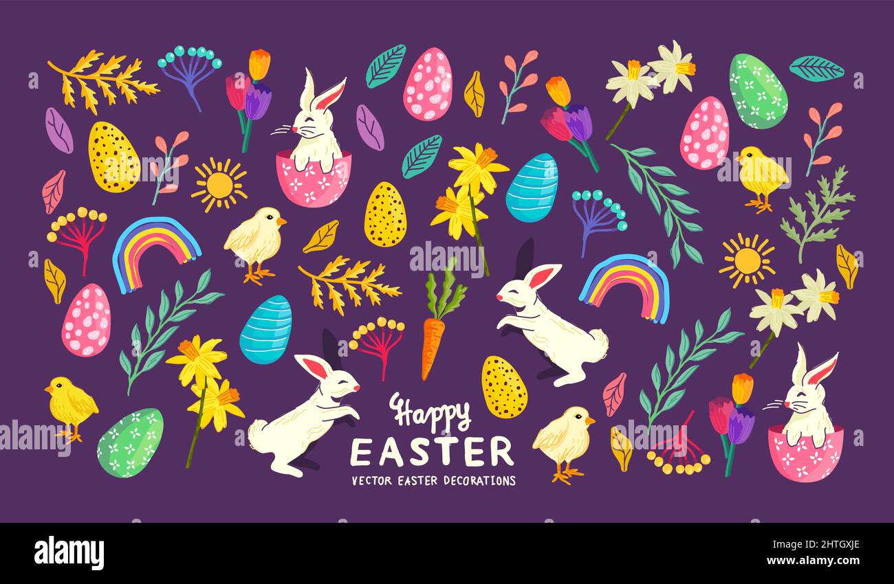 Bright easter celebrations collection with eggs, rabbits and floral decorations! Vector illustration Stock Vector