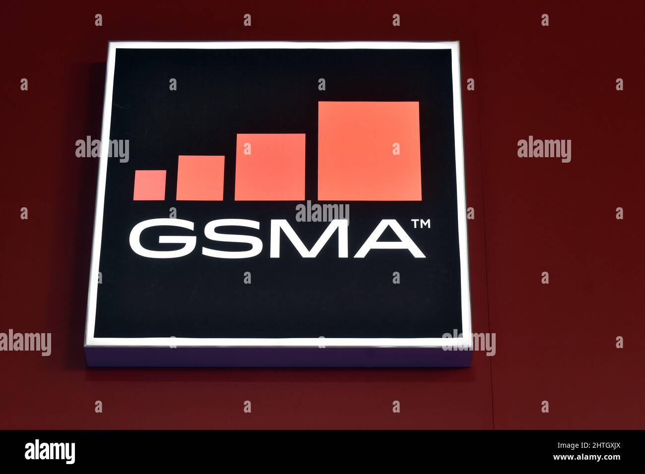 GSMA Brand Logo part of the brands related to mobile technology and communication devices that are exhibiting at the Mobile Word Congress 2022 in Hospitalet de Llobregat Barcelona. Stock Photo