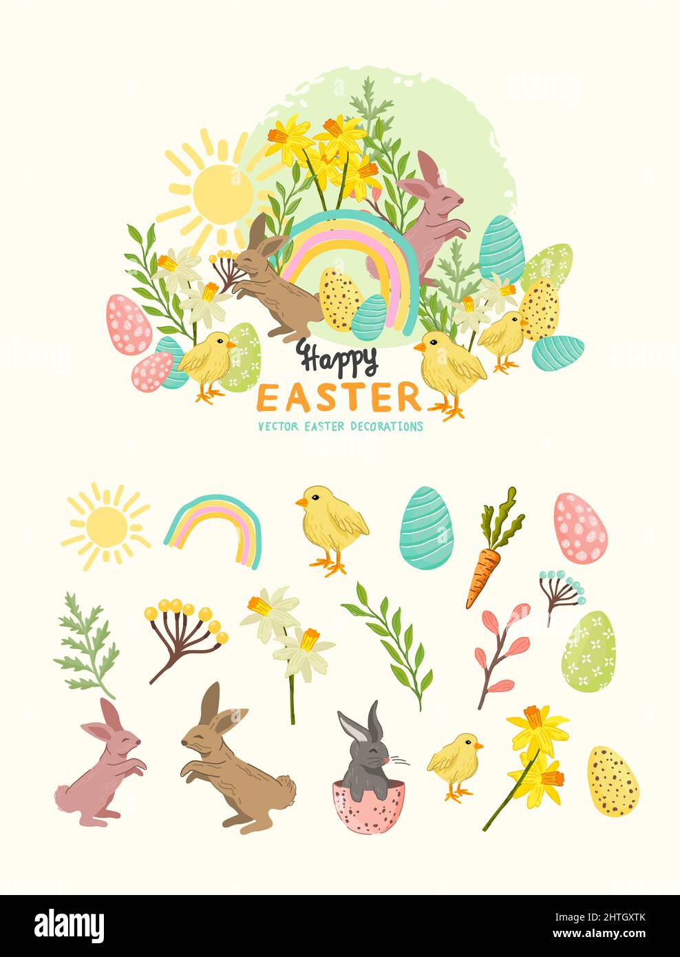 A collection of easter and spring illustration designs with rabbits, eggs and floral decorations. Vector collections Stock Vector