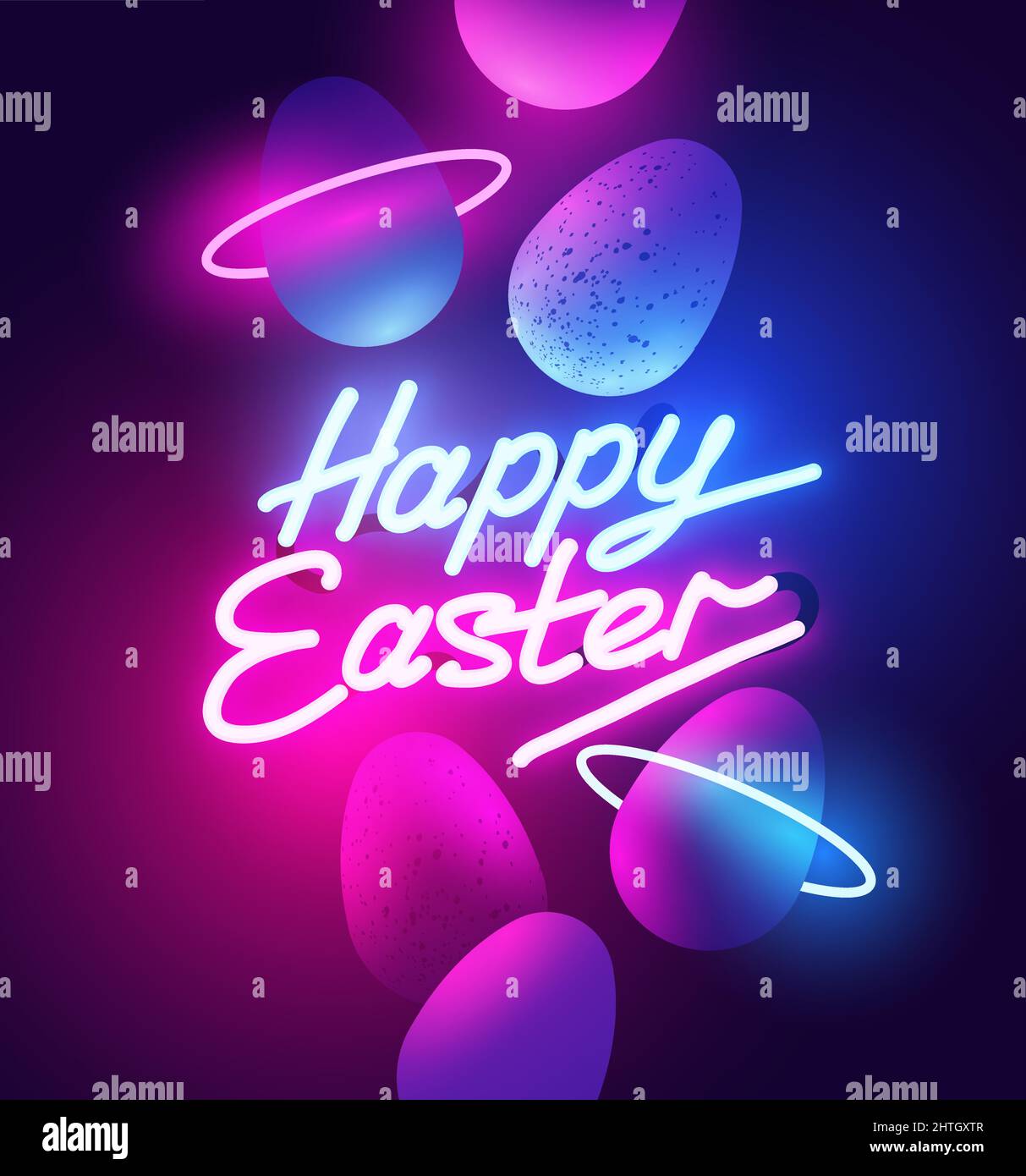 A glowing retro neon sign with happy easter text and chocolate eggs. Vector illustration. Stock Vector