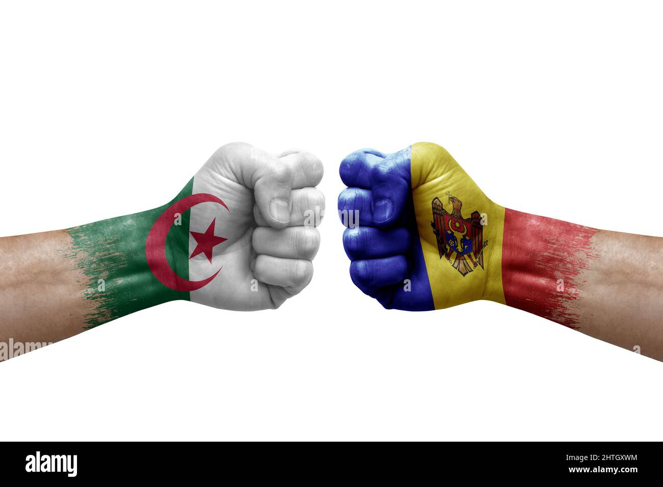 Two hands punch to each others on white background. Country flags painted fists, conflict crisis concept between algeria and moldova Stock Photo