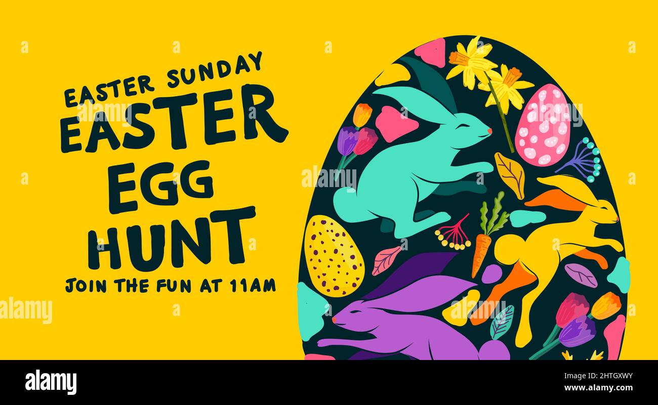 Yellow Happy easter egg hunt layout with a decorated easter egg. Vector illustration. Stock Vector