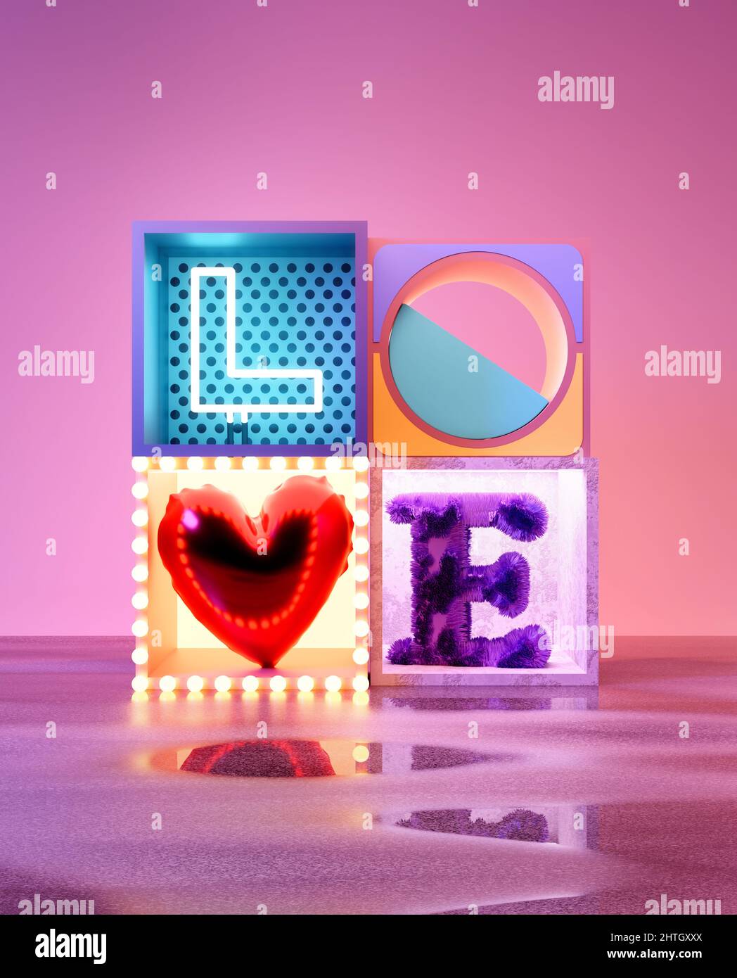 The word LOVE made from blocks and various materials and textures. 3D illustration Stock Photo