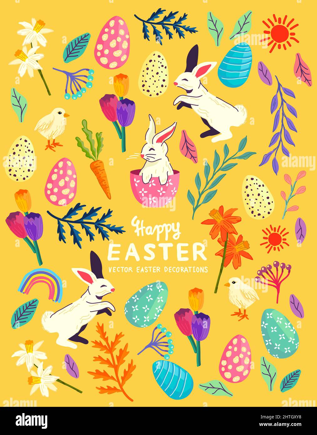 A collection of easter celebration elements with rabbits , floral decorations and easter eggs! Vector illustration Stock Vector