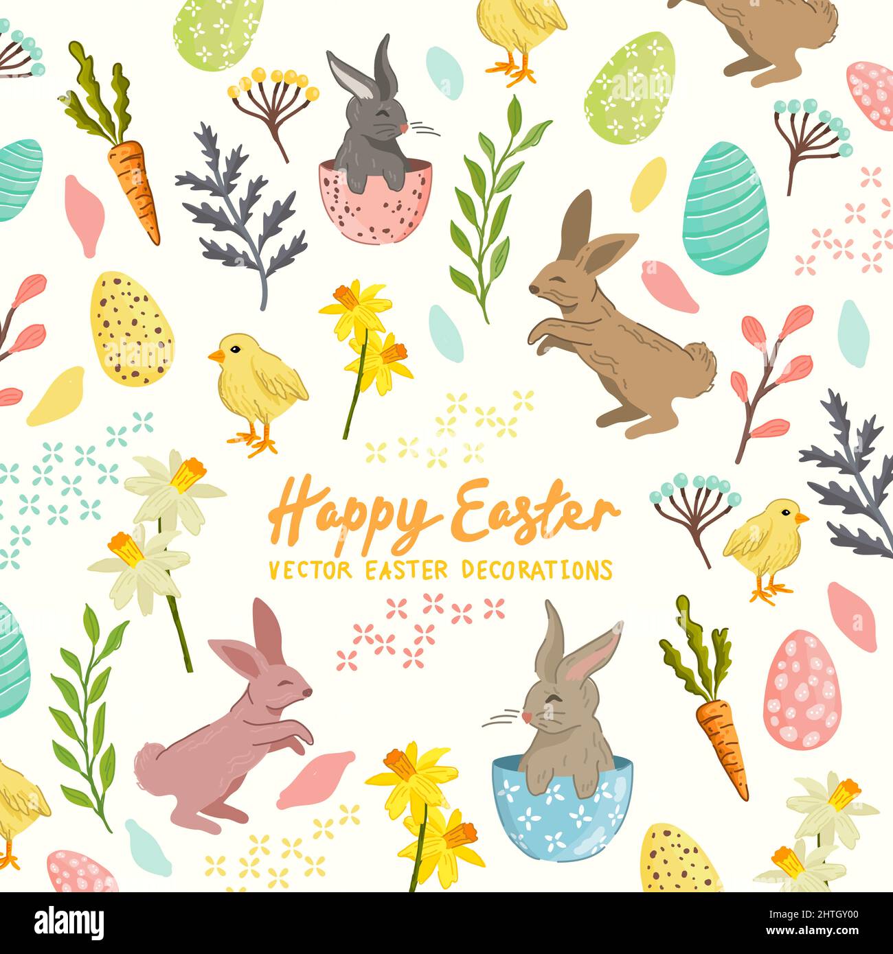 Festive easter pattern elements with decorations, eggs and cute rabbits. Vector illustration. Stock Vector