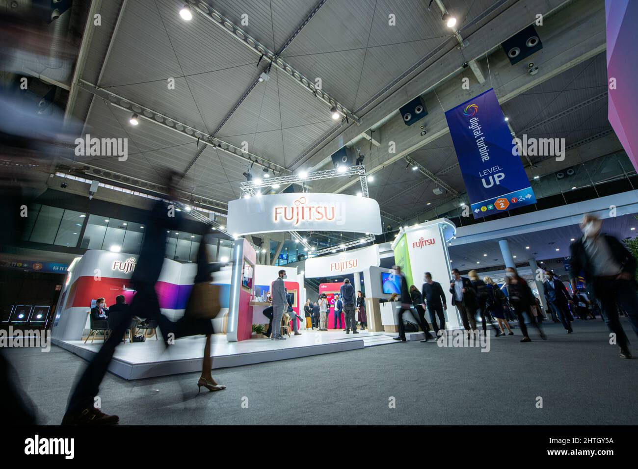 Barcelona,Spain.28 February,2022.  Fujitsu pavilion during the first day of the annual Mobile World Congress held in Barcelona Credit: rosdemora/Alamy Live News Stock Photo