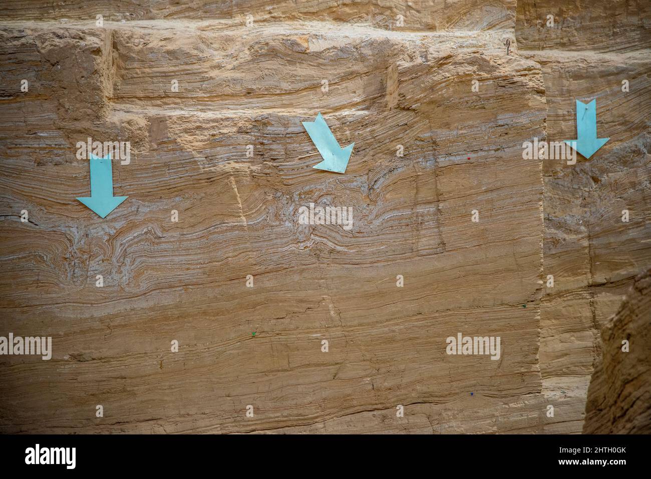 soil layers dating back to the Pleistocene era with arrows pointing a time period Stock Photo