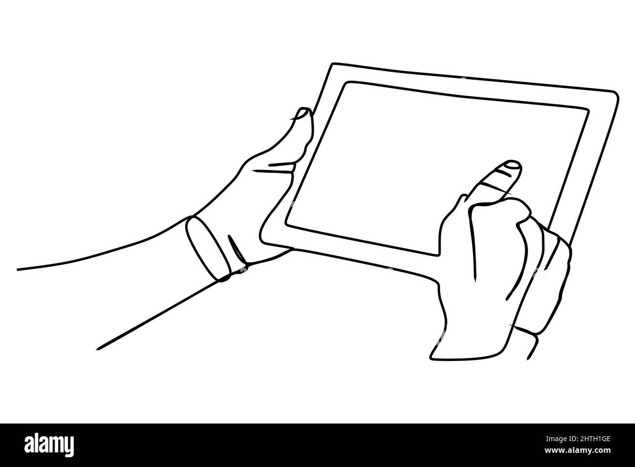 One continuous line drawing of hand holding tablet computer or smartphone. Modern simple line draw design. Vector illustration minimalism design smart Stock Vector