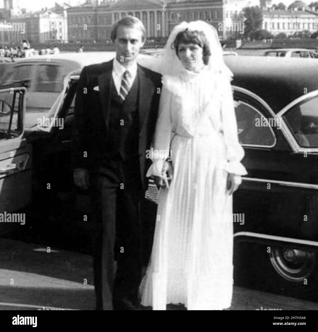 1983 , 28 july , Leningrad , URSS  : The russian politician VLADIMIR PUTIN ( born in Lelingrad , 7 october 1952 ) with wife  Ljudmila Skrebneva ( born in 1958 ) the day of wedding . The marriage ending in 2013.  In 1975, Putin joined the KGB like spy and from 1985 to 1990, he served in Dresden , East Germany using a cover identity as a translator. This period in his career is mostly unclear. Unknwnown photographer . - Presidente della Federazione Russa - RUSSIA - POLITICO -  POLITICA - POLITIC - personalità personalità da giovane giovani - personality personalities when was young  - madrimonio Stock Photo