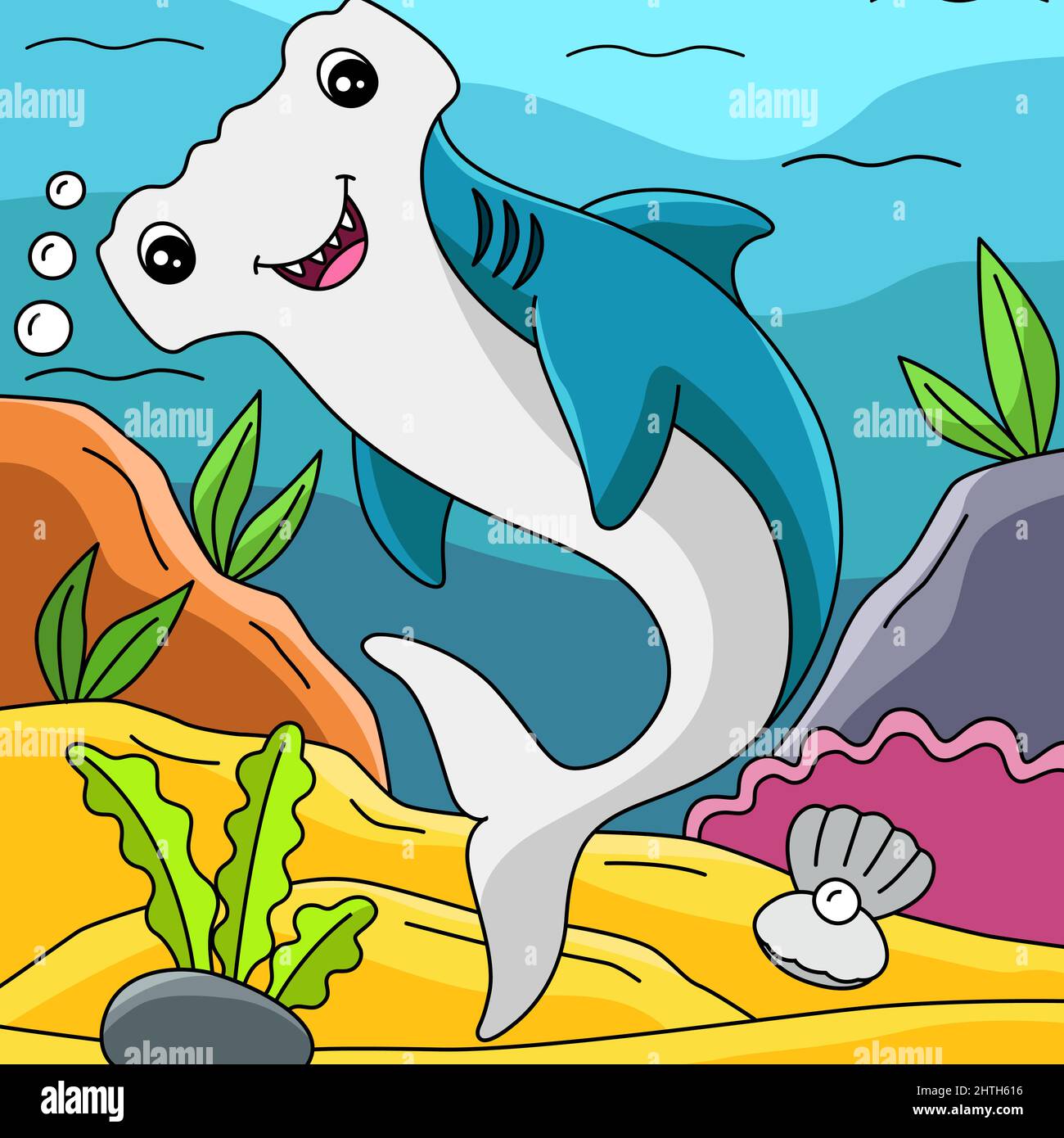 Hammerhead in Ocean Cartoon Colored Illustration Stock Vector