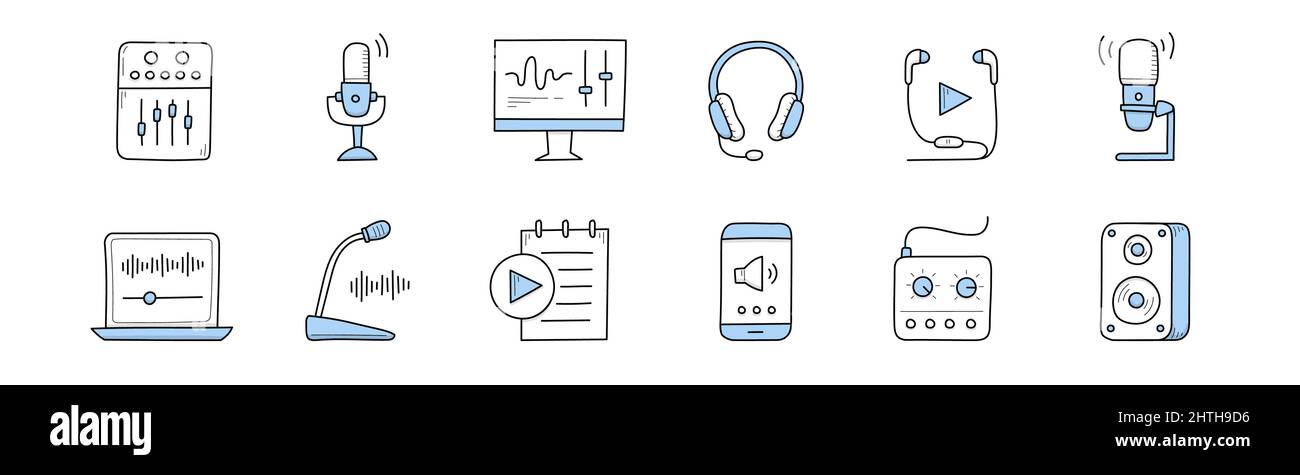 Podcast, radio broadcast and music doodle icons. Equalizer, microphone,  audio computer program, headset, playlist application, laptop with sound  wave, phone and dynamics, Line art vector illustration Stock Vector Image &  Art -