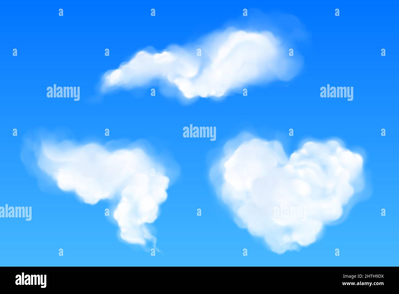 Realistic clouds of heart and abstract shapes, white fluffy spindrift or cumulus eddies flying in blue sky. Weather forecast and nature design elements, 3d Vector illustration, isolated icons set Stock Vector