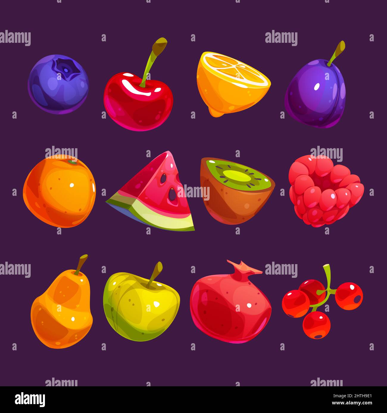 Casino fruit slot machine vector set. Cartoon icon design for match 3 game  interface. Glossy and shiny apple, grape, pear, lemon and cherry asset gamb  Stock Vector Image & Art - Alamy