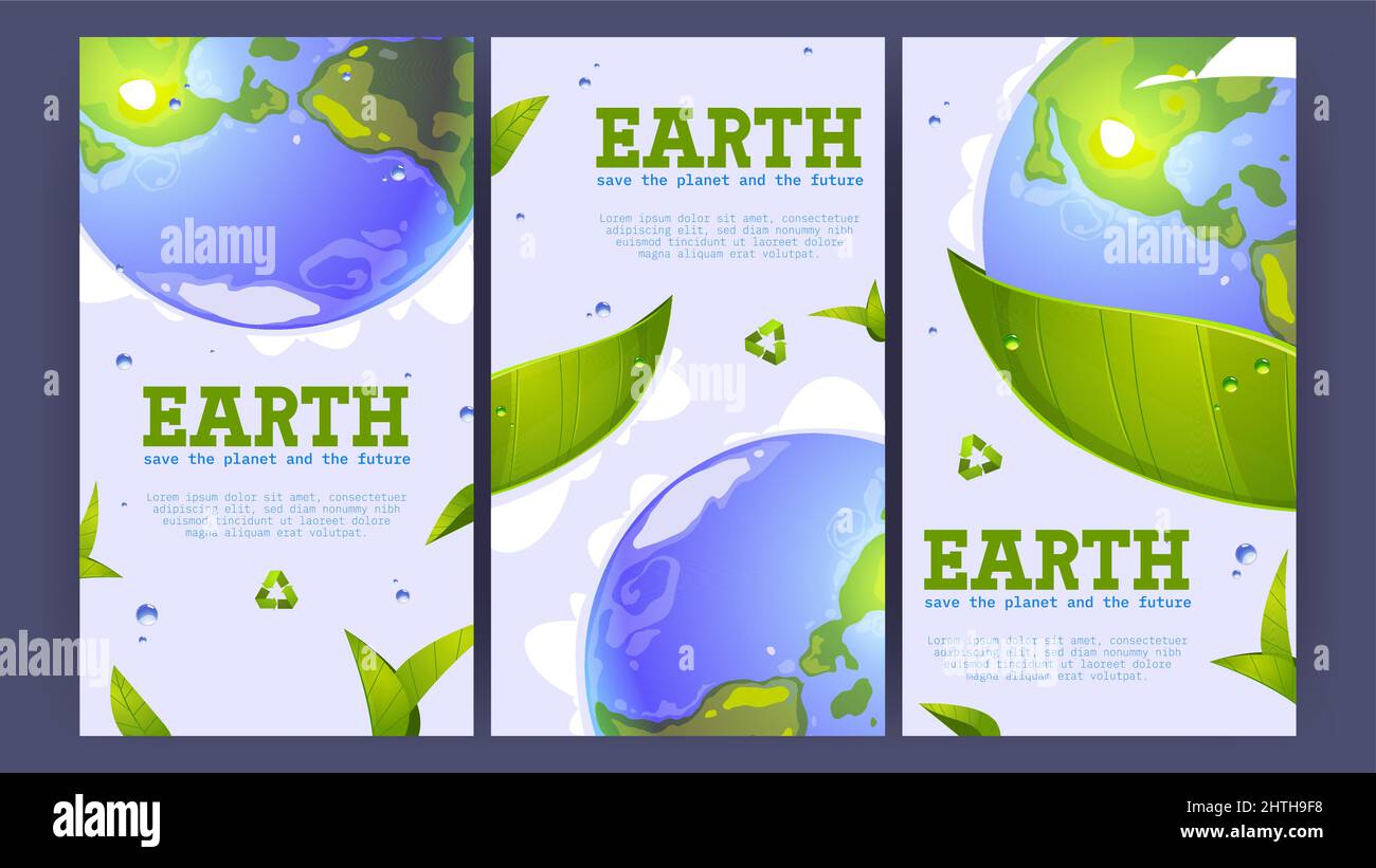 Save planet posters with Earth globe and green leaves. Vector vertical ...