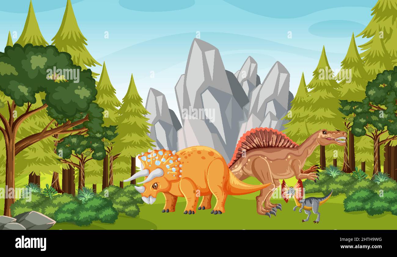 Scene with dinosaurs in the forest illustration Stock Vector Image ...