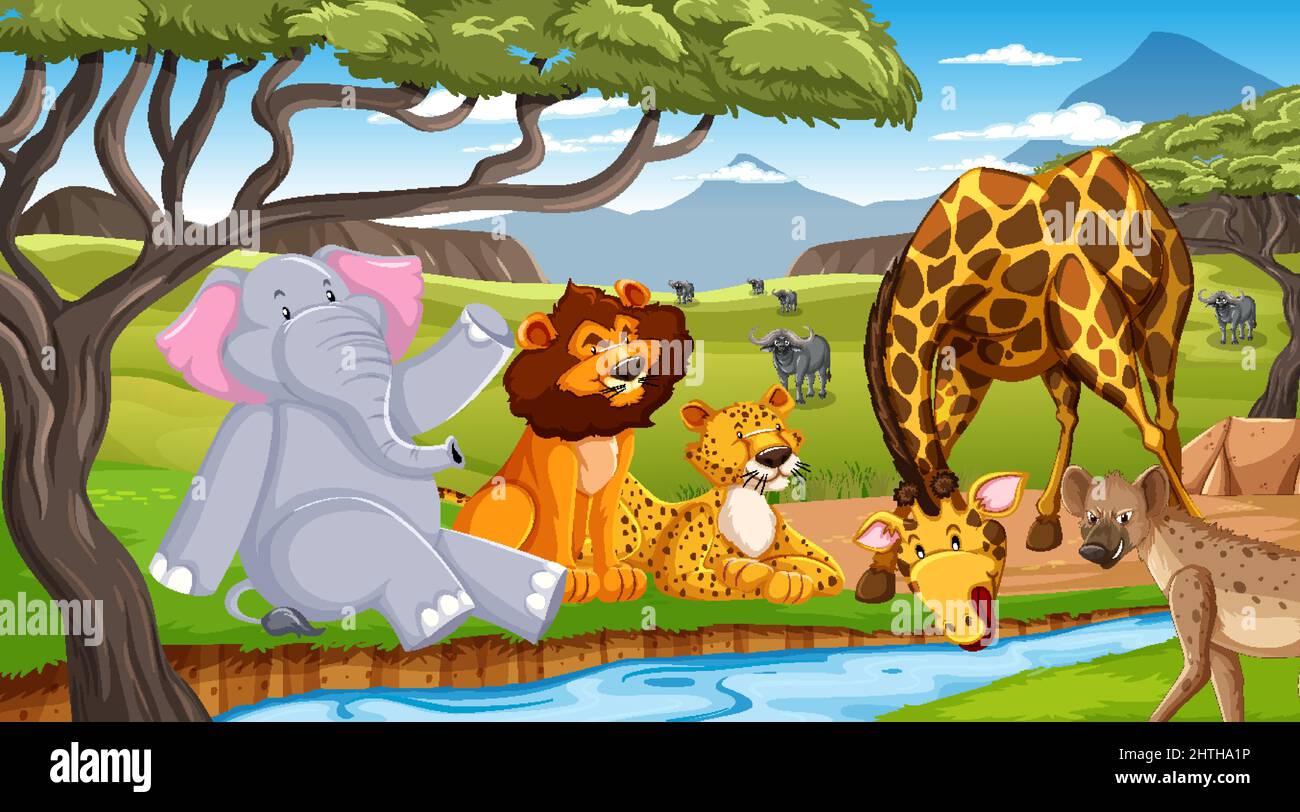Wild animals in savanna forest landscape illustration Stock Vector Image &  Art - Alamy
