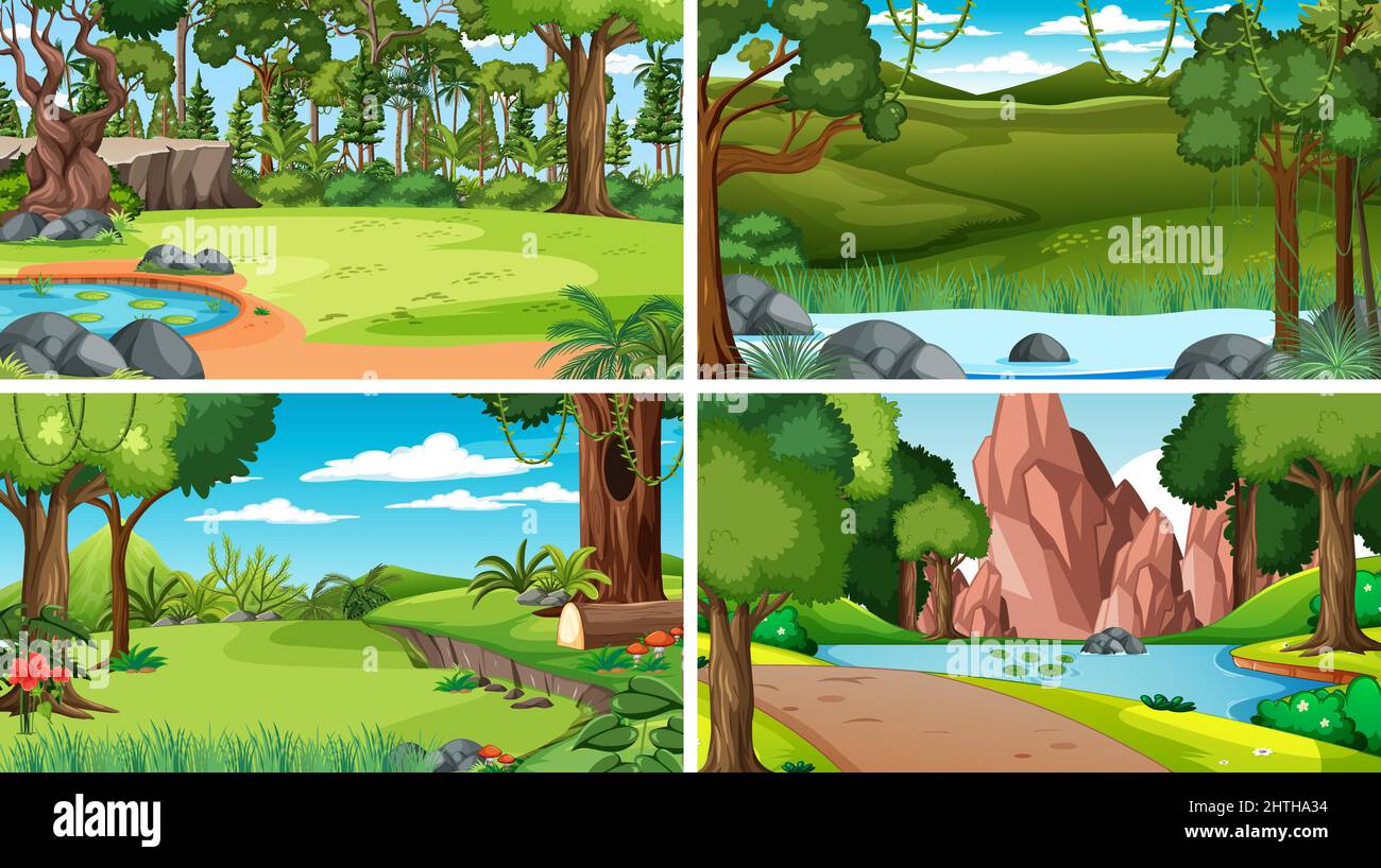 Four scenes with river in the woods illustration Stock Vector Image ...