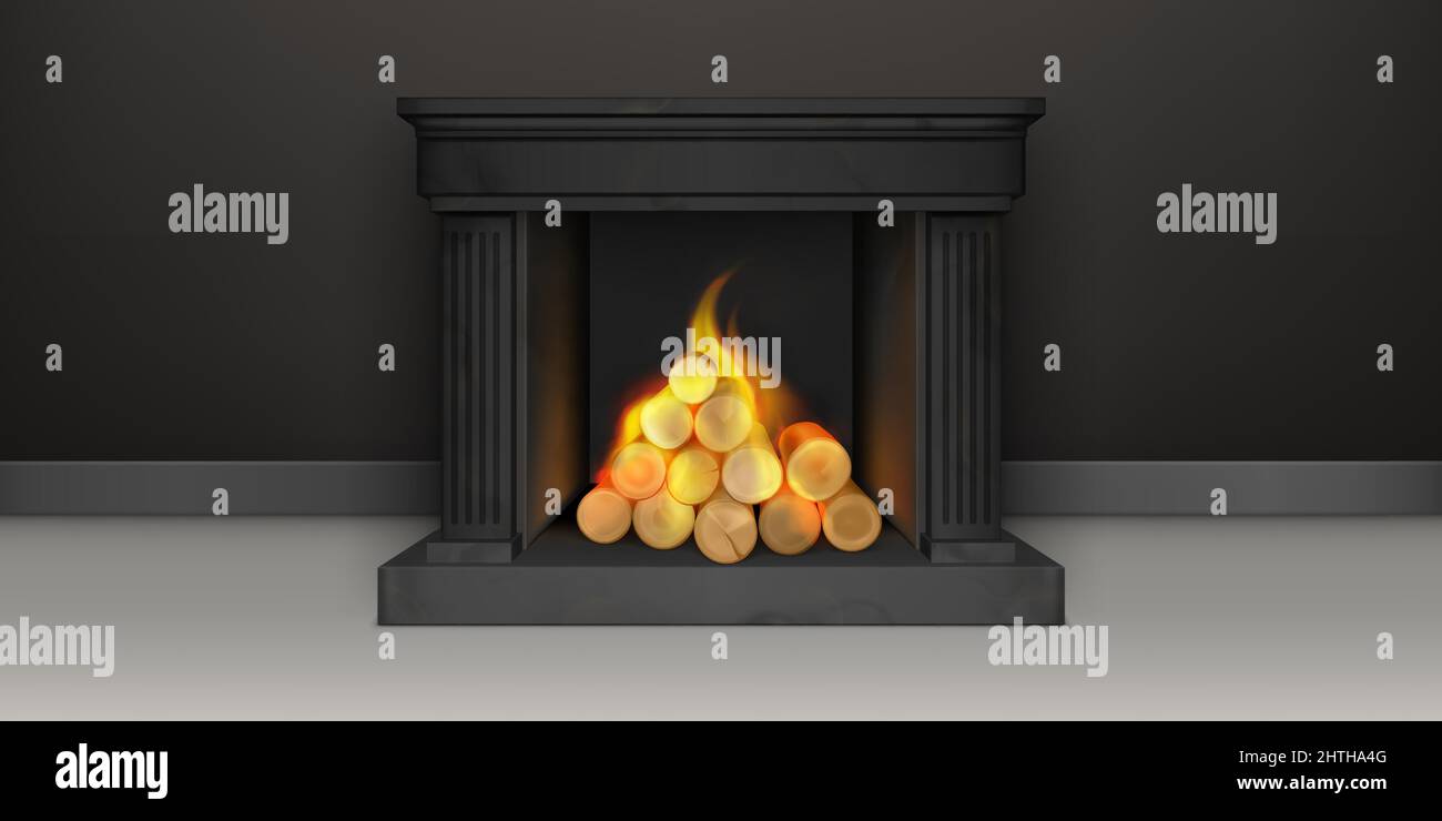 Fireplace with burning woods, black marble or gypsum chimney, classic fire place with flaming logs, home interior decor, vintage house design, cozy heating system, Realistic 3d vector illustration Stock Vector