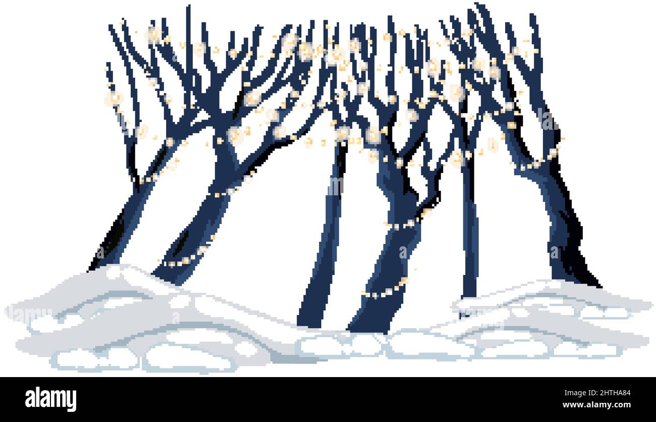 Group of leafless trees with holiday lights and snow ground illustration Stock Vector