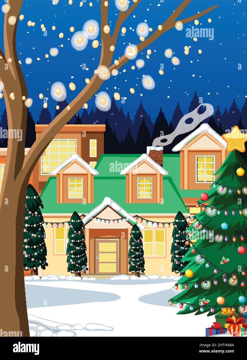 Christmas winter scene with snow covered village illustration Stock ...