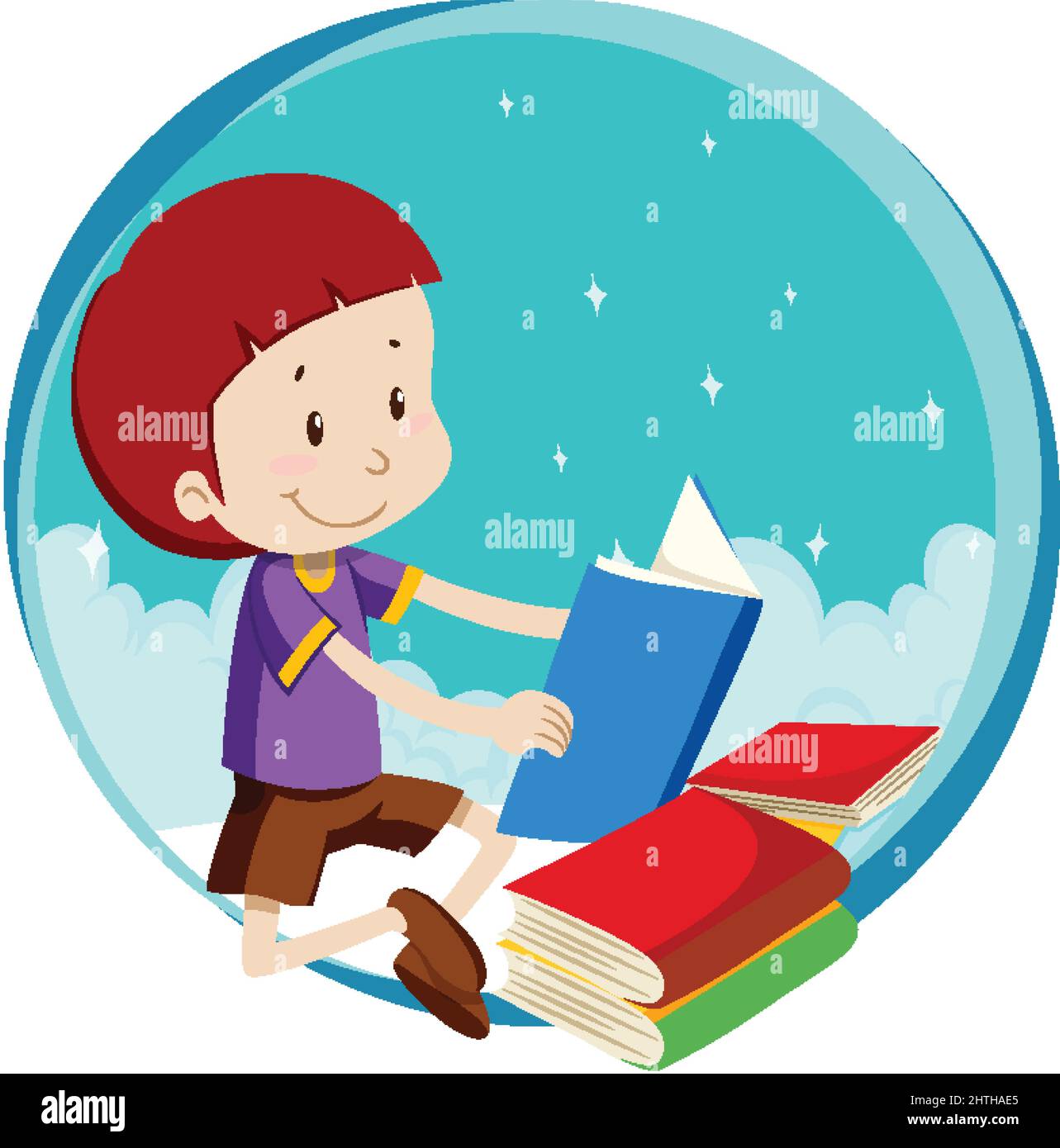 Little boy reading a book on white background illustration Stock Vector
