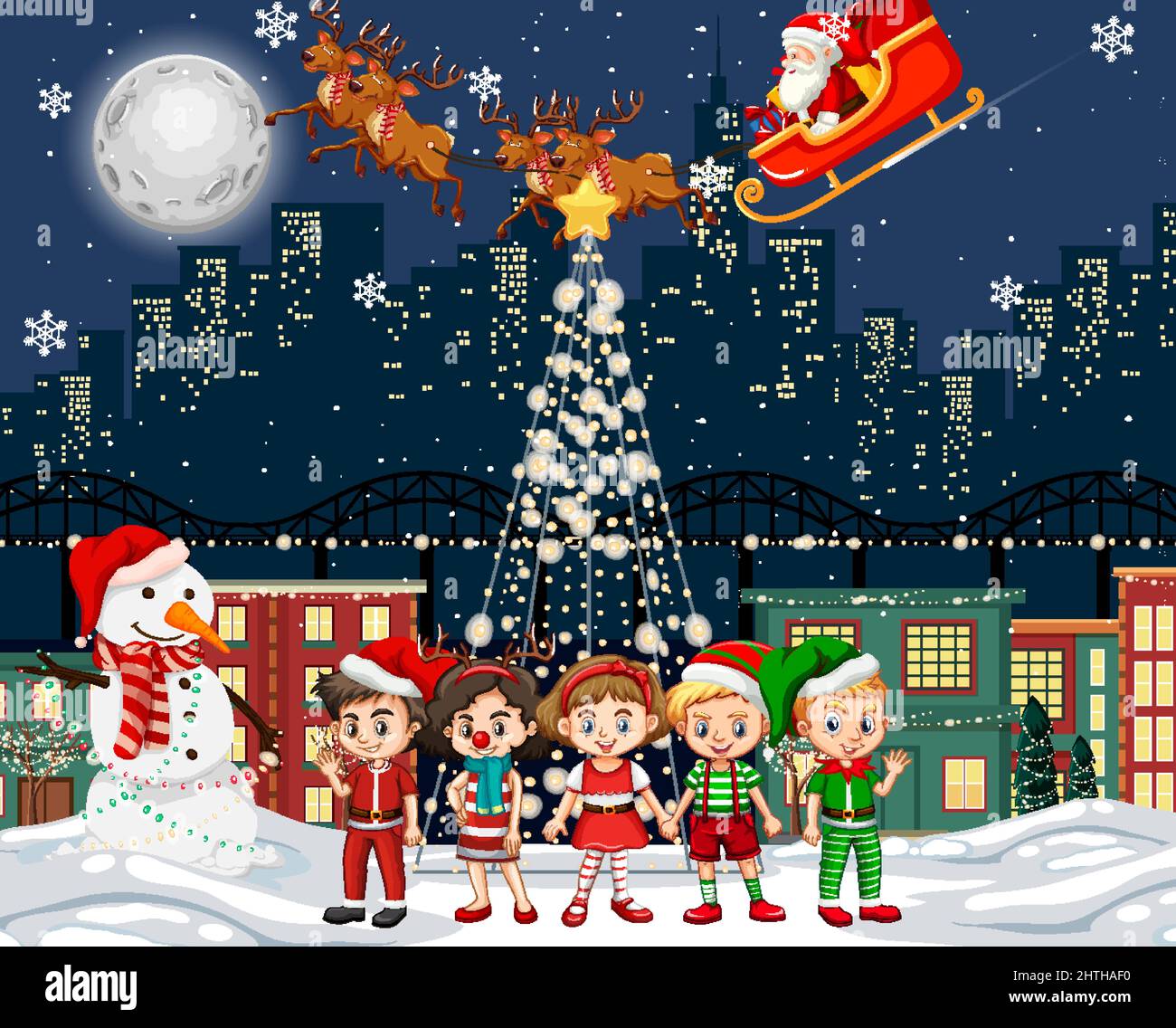 Christmas winter scene with happy children illustration Stock Vector