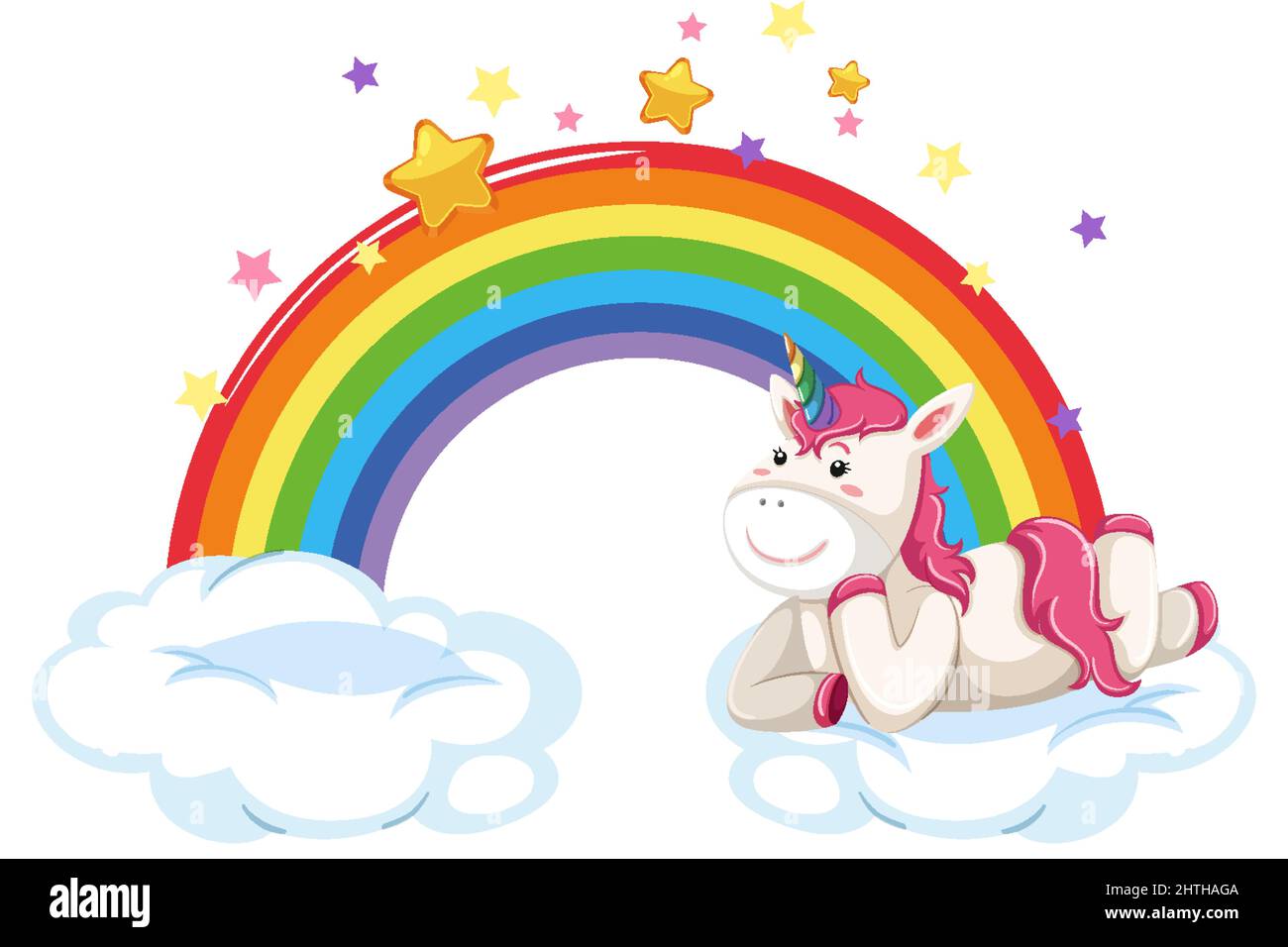 Cute unicorns lying on a cloud with rainbow illustration Stock Vector ...