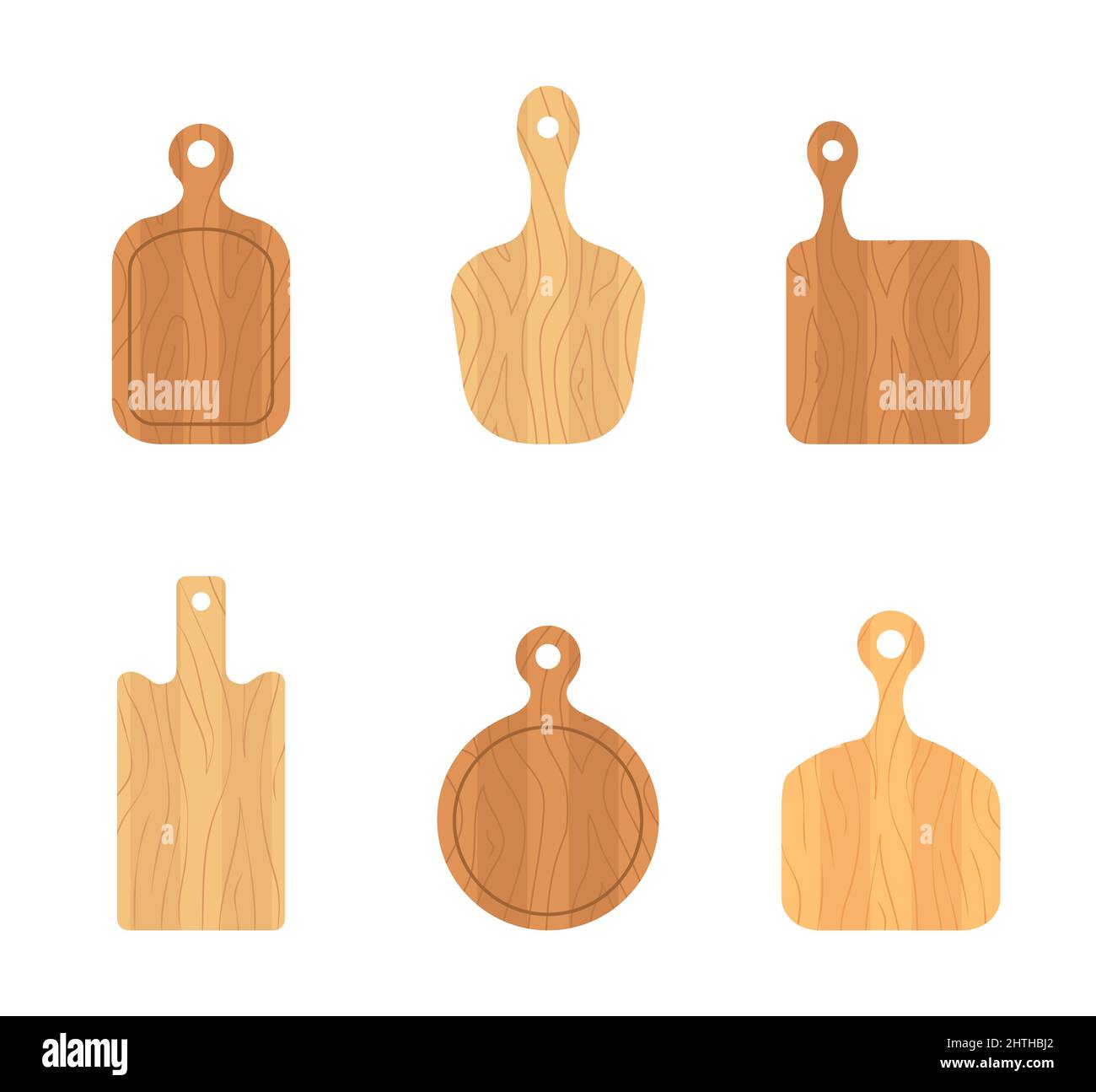 Set of wooden cutting boards. Kitchen tools of various shapes. Top view. Vector illustration in flat cartoon style Stock Vector