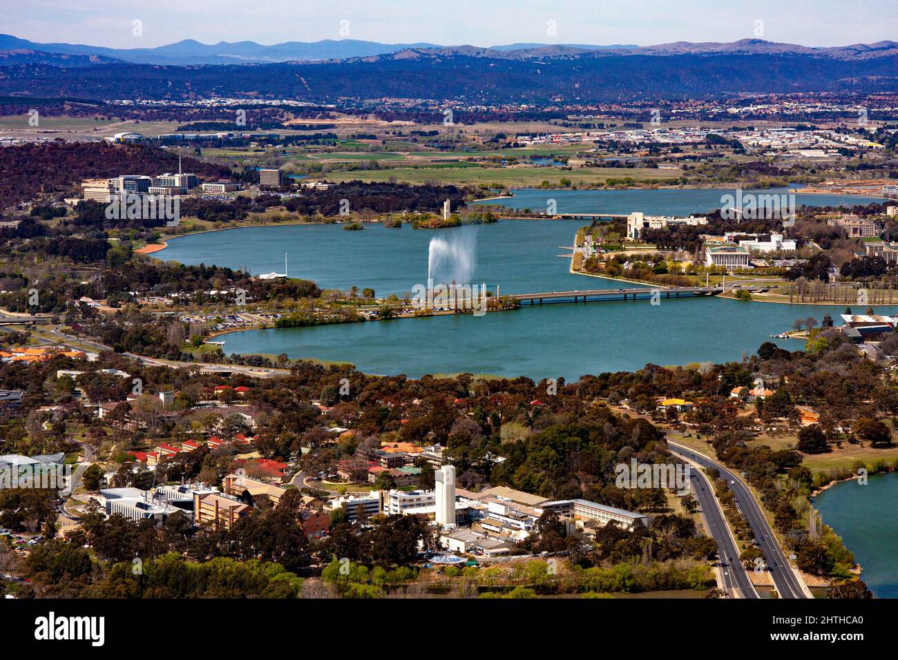 Lake Burley Griffin and Canberra City from Black Mountain Tower with Brindabella hills in background Stock Photo