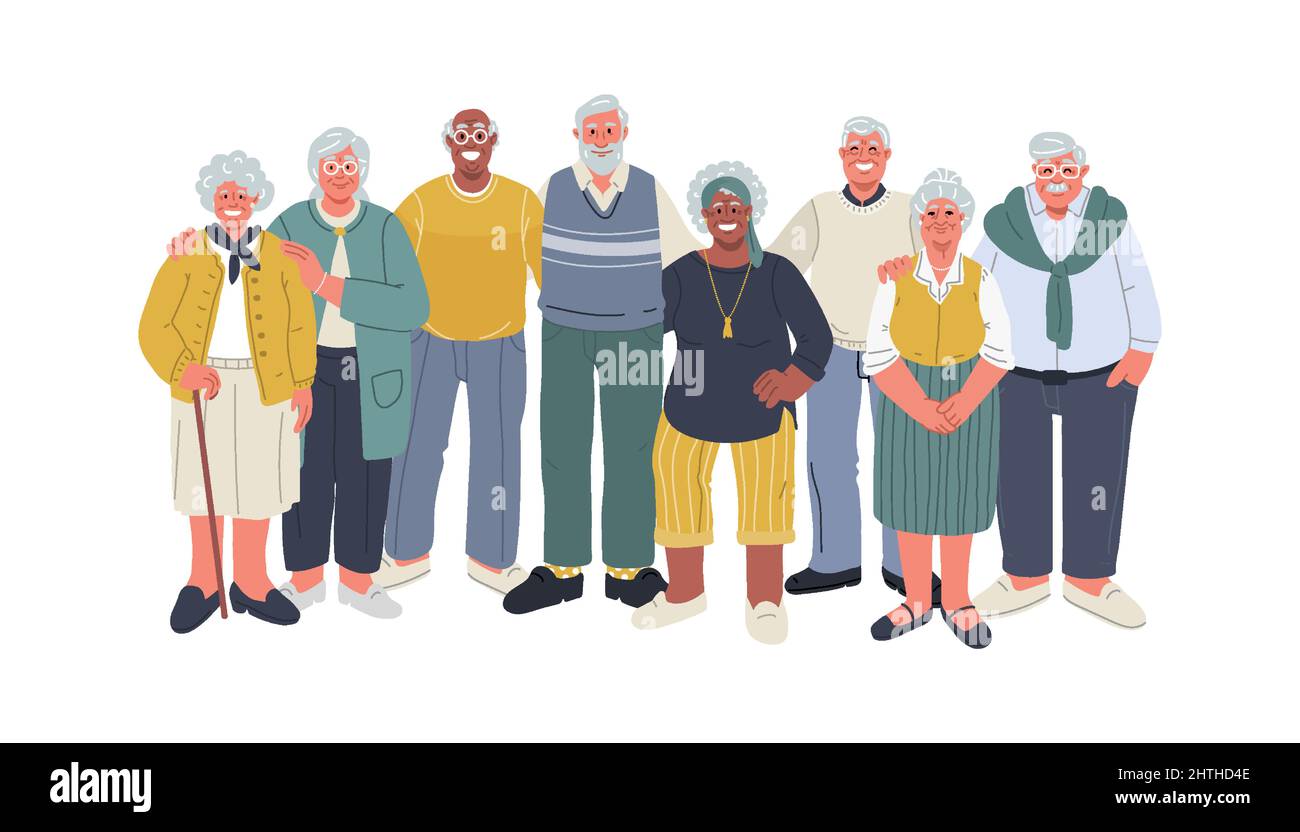 Diverse senior people huddle,smiling and standing together.Vector illustration Stock Vector
