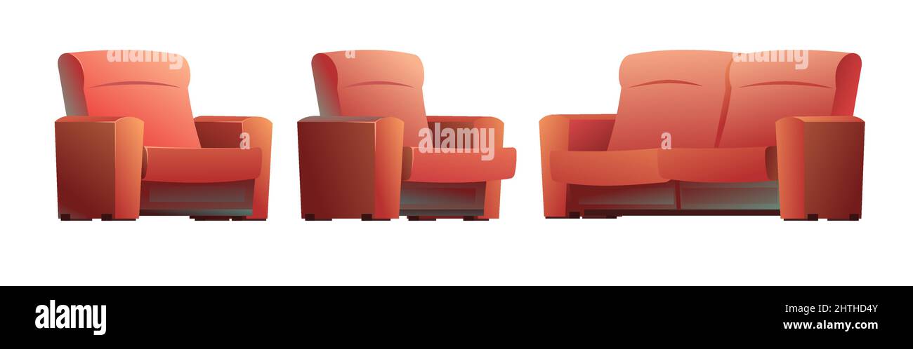 Red armchair and sofa. Classic, simple upholstered furniture to sit and lie down. Set of objects isolated on white background. Side view. Vector. Stock Vector