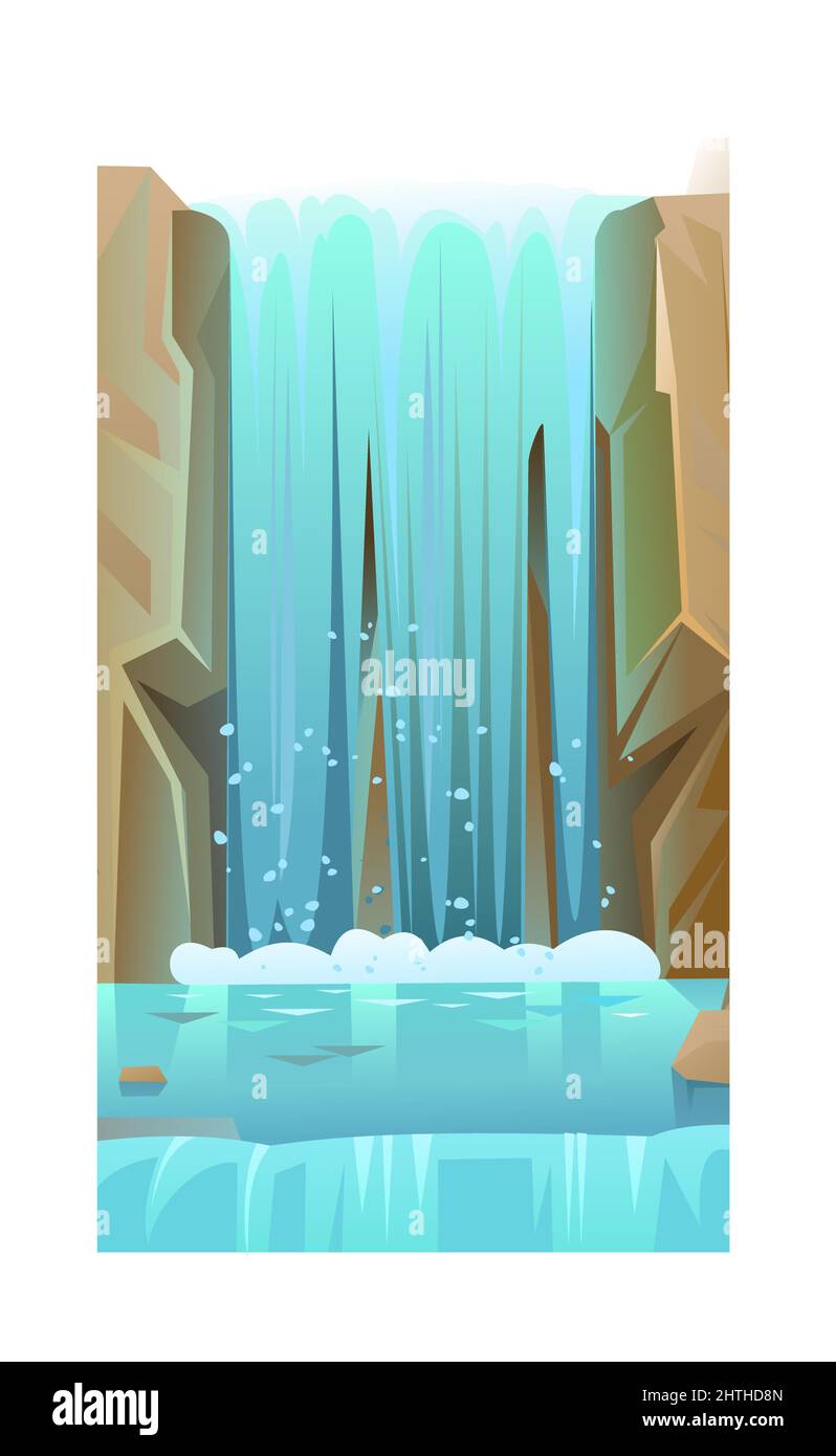 Waterfall among rocks. Cascade shimmers downward. Water flowing. Cool cartoon style. Object isolated on white background. Vector. Stock Vector