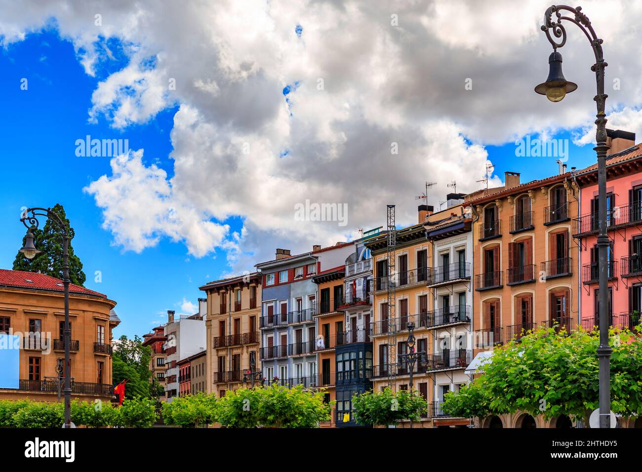 Historic Plaza del Castillo with restaurants and a central domed gazebo in Old Town, famous for running of the bulls in Pamplona, Spain Stock Photo