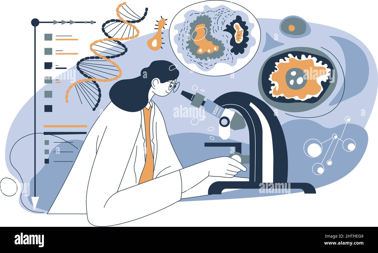 Woman with microscope in laboratory doing research Stock Vector
