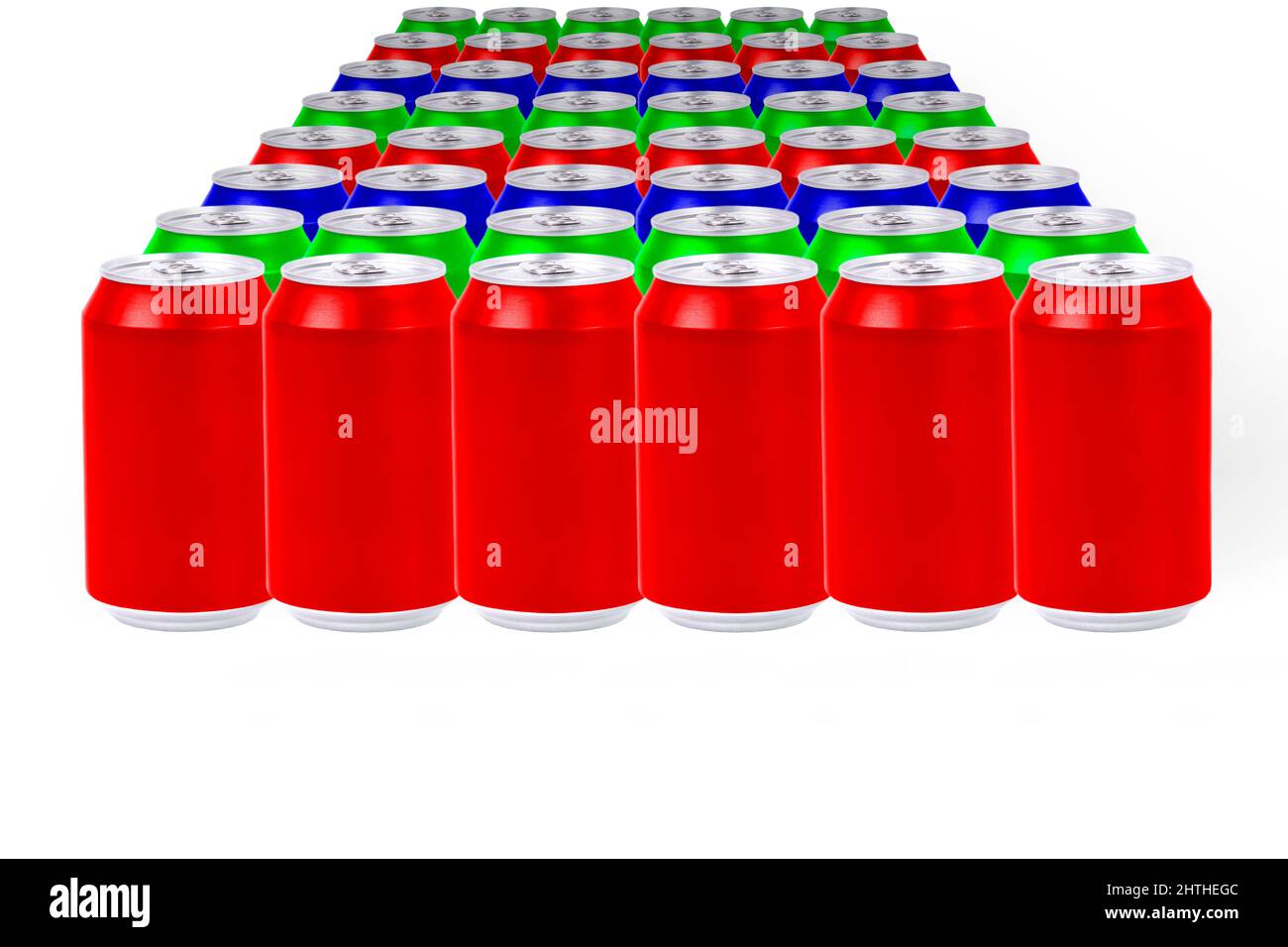 Group of aluminum cans with RGB colors. Color theory. Primary colors. Pattern of colors Stock Photo