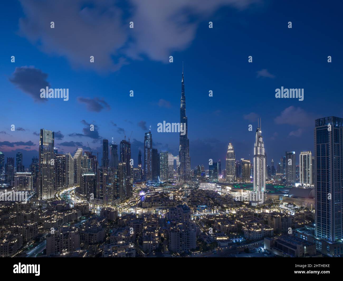 Aerial view of the skyline in Dubai Downtown after sunset during the ...